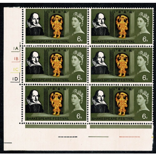 1964 Shakespeare 6d (phos) Cylinder 1A 1B 1C 1D no dot block of six. SG 647