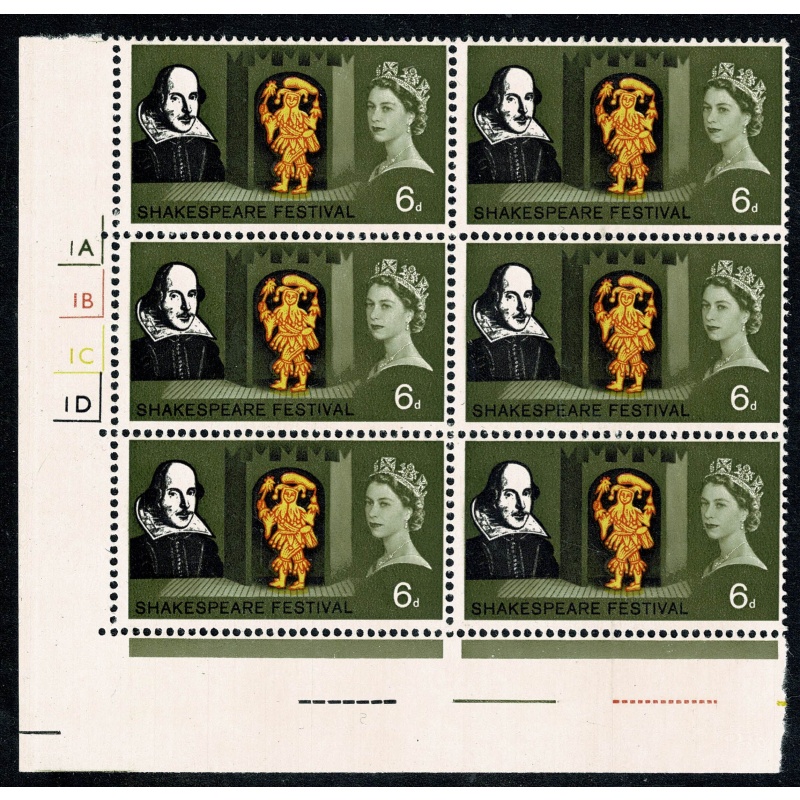 1964 Shakespeare 6d (phos) Cylinder 1A 1B 1C 1D no dot block of six. SG 647