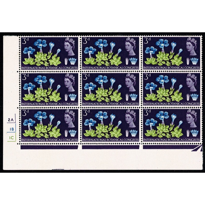 1964 Botanical Congress 3d (ord). Cyl. 2A 1B 1C no dot. Block of nine.