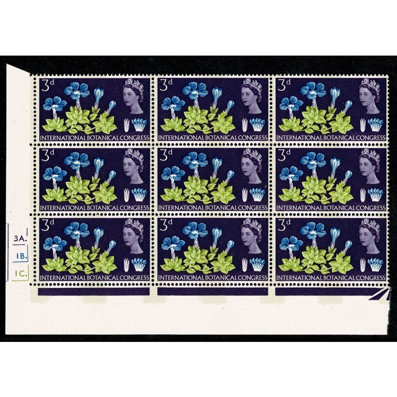 1964 Botanical Congress 3d (phos). Cyl. 3A 1B 1C dot. Block of nine.