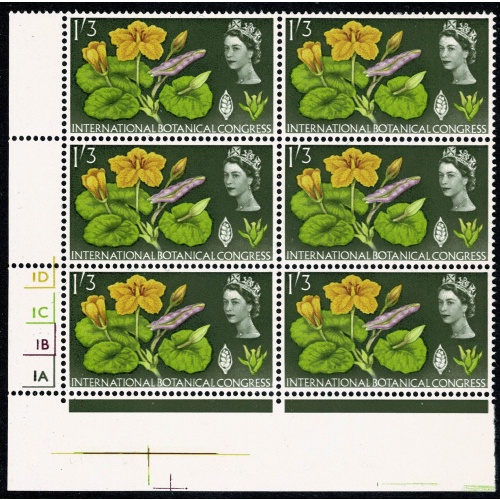 1964 Botanical Congress 1/3 (ord). Cylinder 1D 1C 1B 1A  no dot block of six. SG 658.
