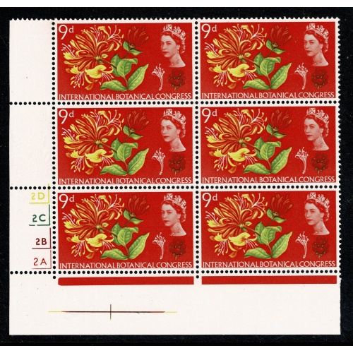 1964 Botanical Congress 9d (ord). Cylinder 2D 2C 2B 2A  no dot block of six. SG 657.