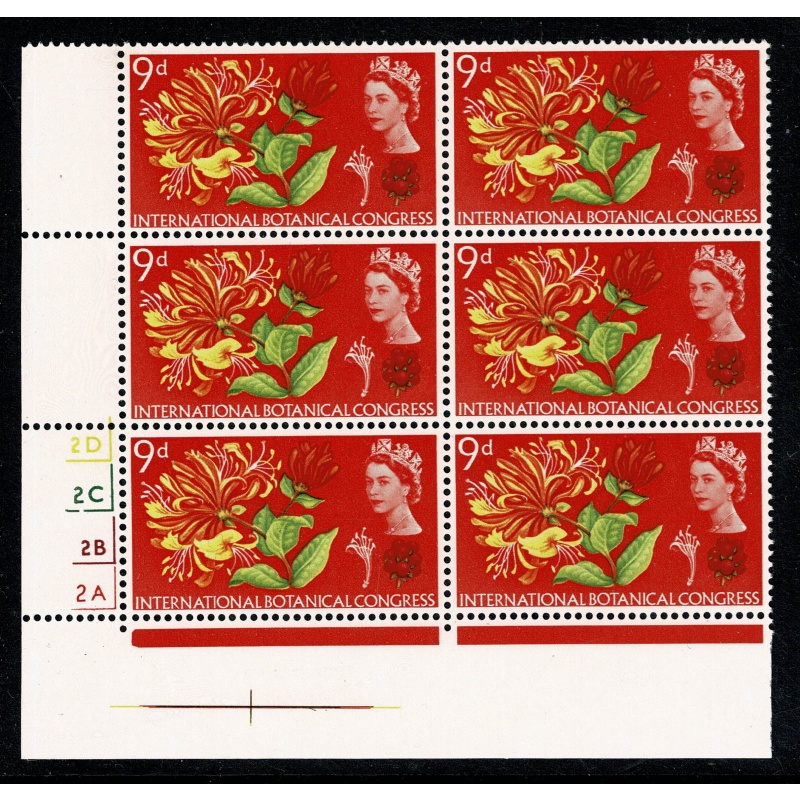 1964 Botanical Congress 9d (ord). Cylinder 2D 2C 2B 2A  no dot block of six. SG 657.