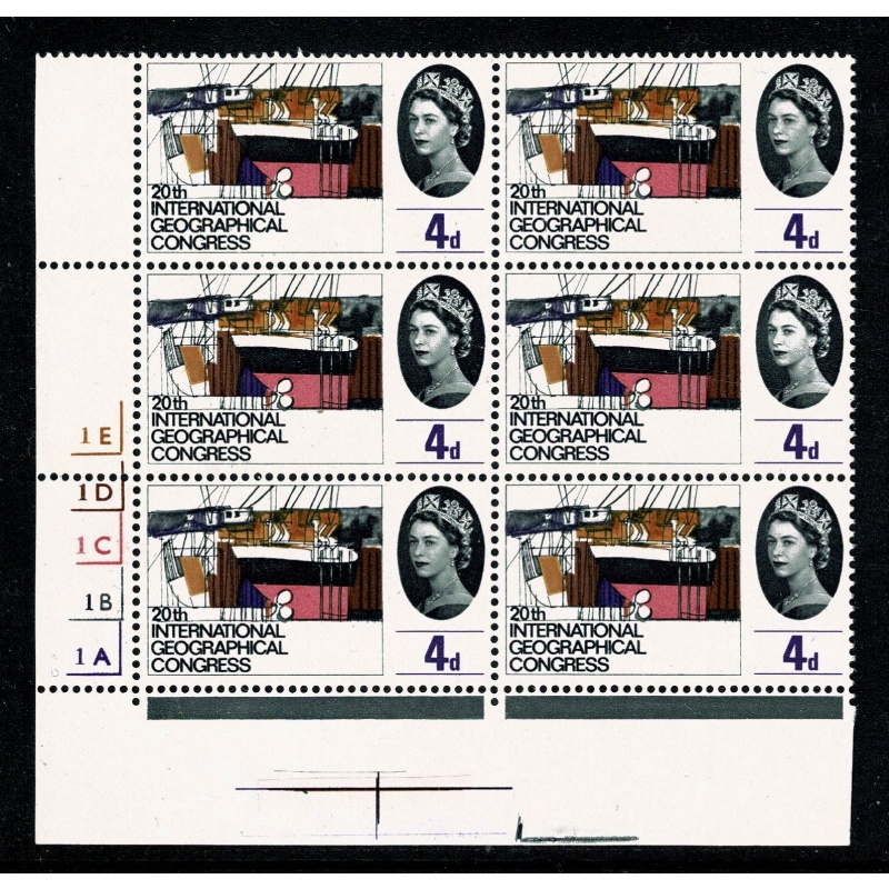1964 Geographical Congress 4d (ord). Cylinder 1E 1D 1C 1B 1A  no dot block of six. SG 652