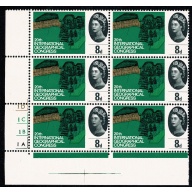 1964 Geographical Congress 8d (ord). Cylinder 1D 1C 1B 1A  no dot Perf F (P/E) block of six. SG 653.