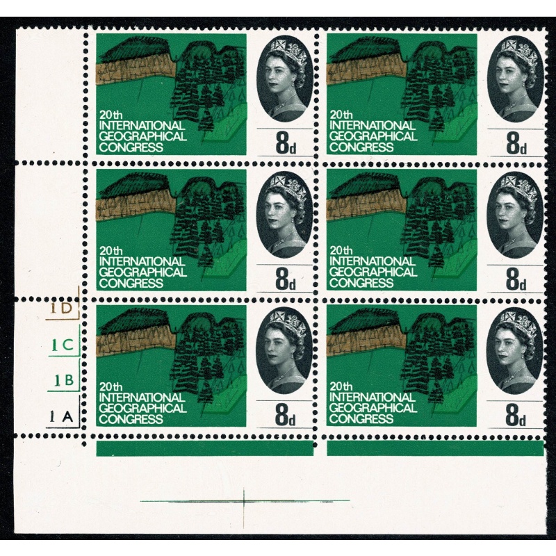 1964 Geographical Congress 8d (ord). Cylinder 1D 1C 1B 1A  no dot Perf F (P/E) block of six. SG 653.
