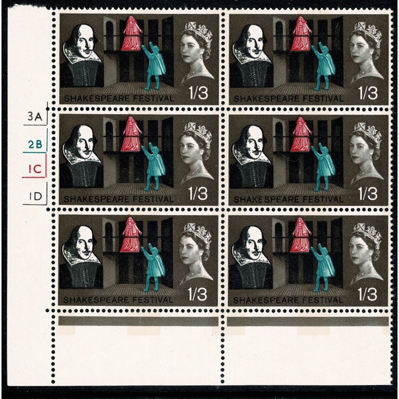 1964 Shakespeare 1/3 (phos) Cylinder 3A 2B 1C 1D no dot block of six SG 648