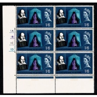 1964 Shakespeare 1/6 (phos) Cylinder 1A 1B 1C 1D no dot block of six. SG 649