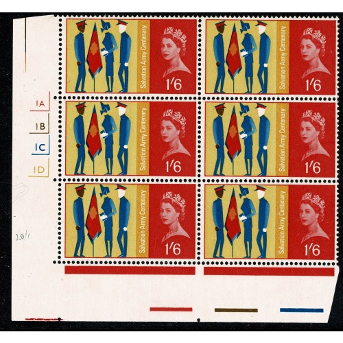 1965 Salvation Army 1/6 (ord).  Cylinder 1A 1B 1C 1D block of six. SG 666