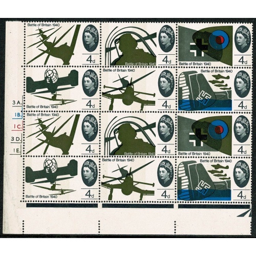 1965 Battle of Britain 4d (phos). Cyl. 3A 1B 1C 3D 1E  dot. block of twelve. Constant variety "damaged wing"