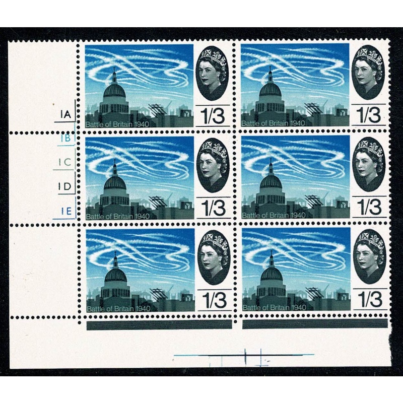 1965 Battle of Britain 1/3 (ord). Cylinder 1A 1B 1C  1D 1E no dot block of six. SG 678