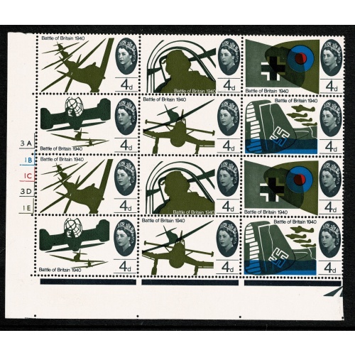 1965 Battle of Britain 4d (ord). Cylinder 3A 1B 1C 3D 1E no dot block of 12. SG 671-676.