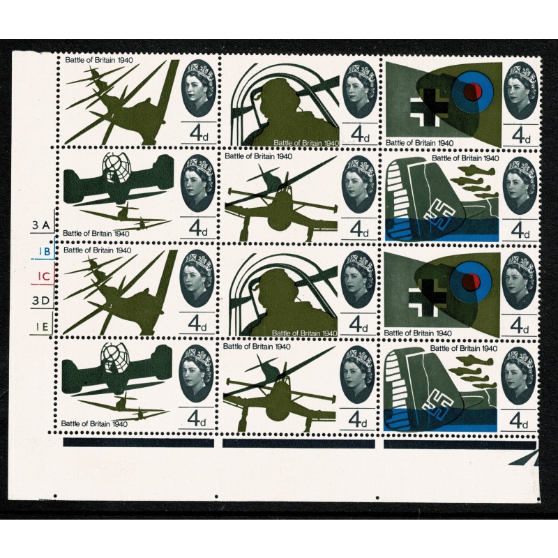 1965 Battle of Britain 4d (ord). Cylinder 3A 1B 1C 3D 1E no dot block of 12. SG 671-676.