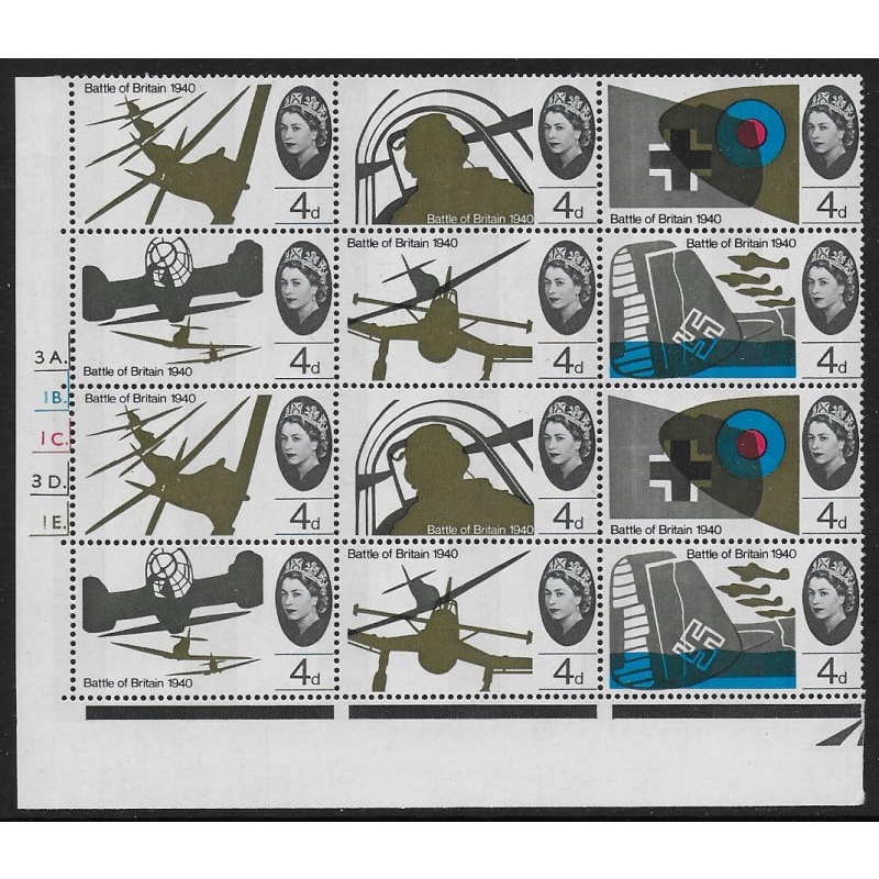 1965 Battle of Britain 4d (phos). Cylinder block with two listed varieties.