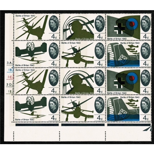 1965 Battle of Britain 4d (phos). Cylinder 3A 1B 1C 3D 1E dot block of 12. contains listed varieties.SG 671-676.