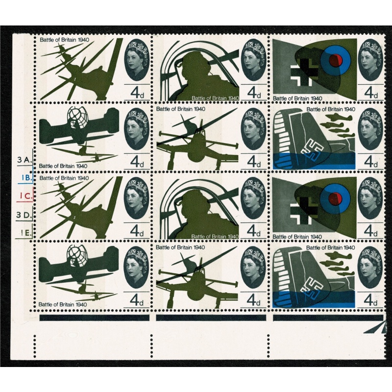 1965 Battle of Britain 4d (phos). Cylinder 3A 1B 1C 3D 1E dot block of 12. contains listed varieties.SG 671-676.