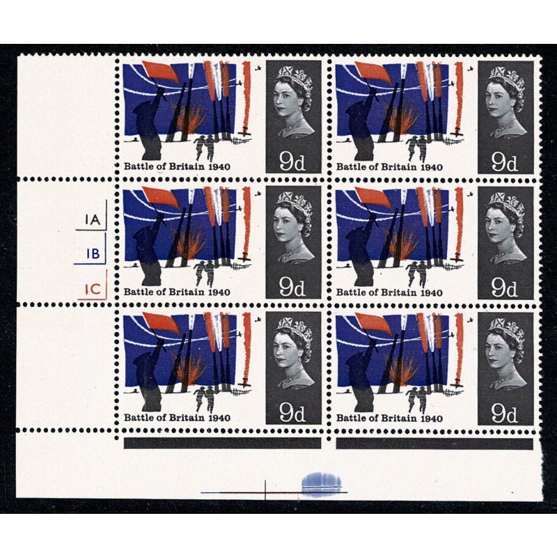 1965 Battle of Britain 9d (ord). Cylinder 1A 1B 1C no dot block of six. SG 677