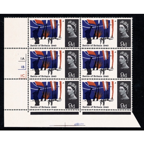1965 Battle of Britain 9d (ord). Cylinder 1A 1B 1C no dot block of six. SG 677