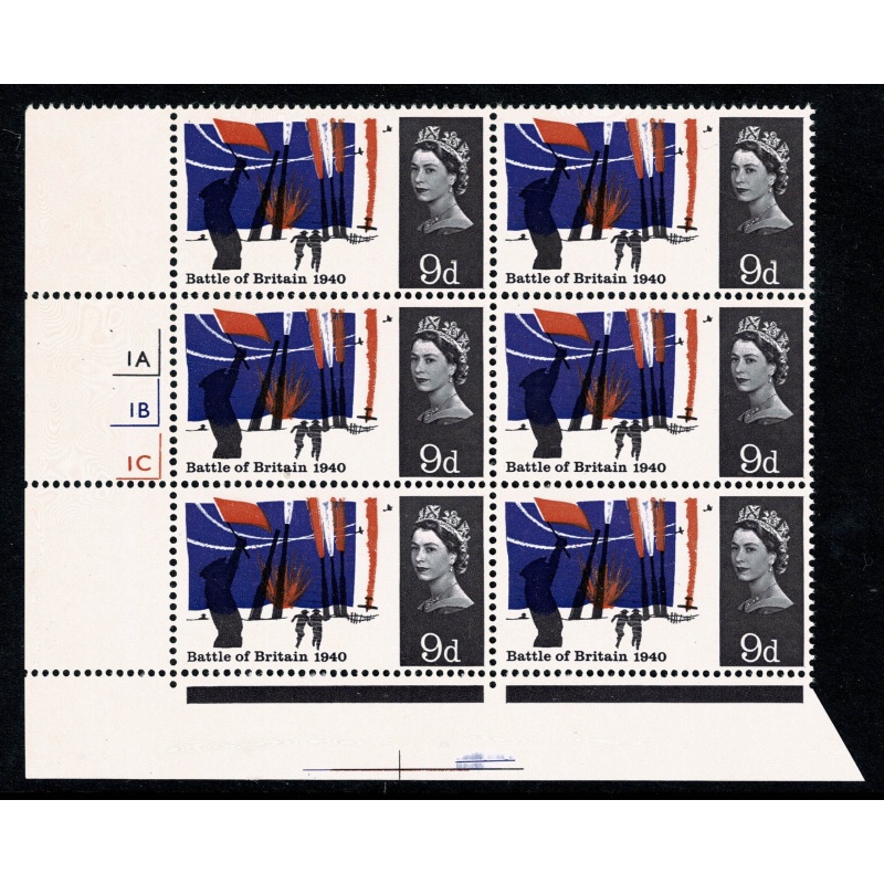 1965 Battle of Britain 9d (ord). Cylinder 1A 1B 1C no dot block of six. SG 677