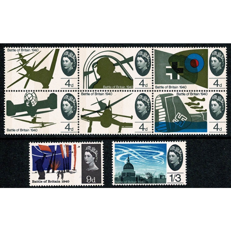 1965 Battle of Britain. (phos) Unmounted Mint set of 8 values. 4d block with listed variety "damaged wing". SG 671p-678p