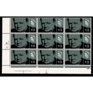 1965 Churchill 1/3 (ord). Cyl. 1A 1B no dot block of nine. SG 662