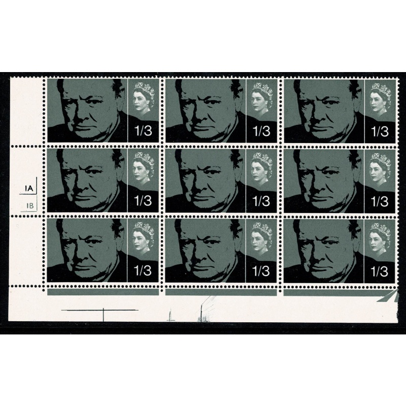 1965 Churchill 1/3 (ord). Cyl. 1A 1B no dot block of nine. SG 662