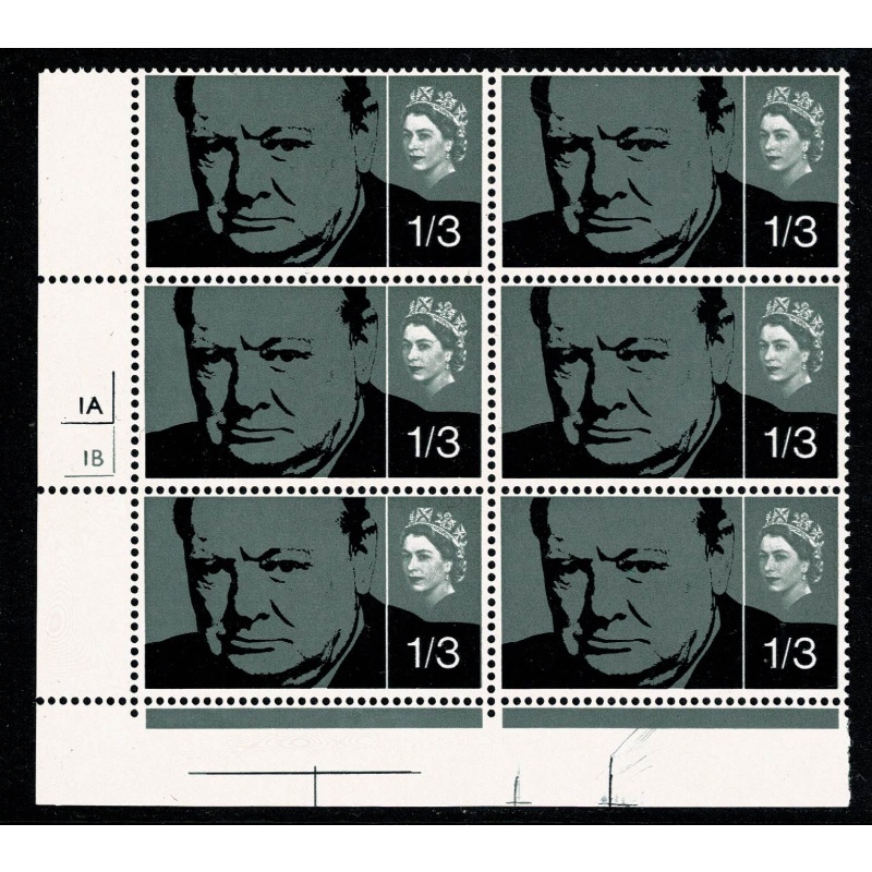 1965 Churchill 1/3 (0rd). Cyl. 1A 1B no dot block of six. SG 662
