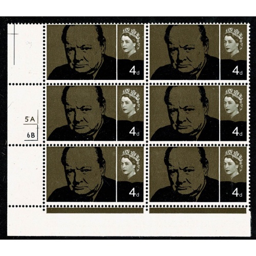 1965 Churchill 4d (ord). Timson. Cyl. 5A 6B no dot block of six.  SG 661a
