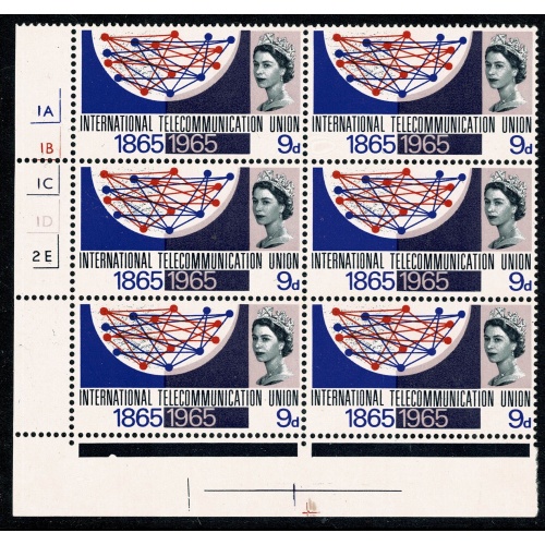 1964 I.T.U. 9d (ord). Cylinder 1A 1B 1C 1D  2E no dot block of six. SG 683.