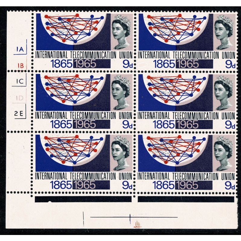 1964 I.T.U. 9d (ord). Cylinder 1A 1B 1C 1D  2E no dot block of six. SG 683.