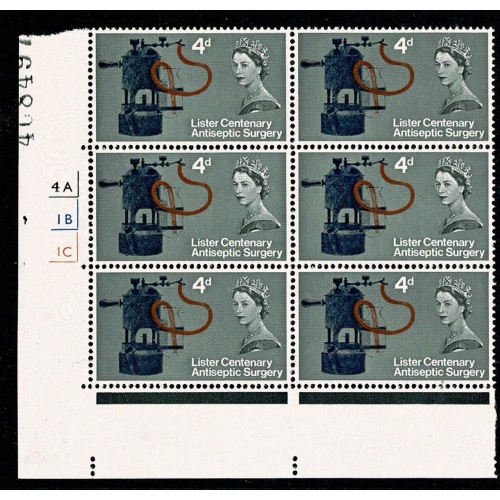 1965 Lister Centenary 4d (ord). Cylinder 1A 1B 1C no dot block of six. SG 667