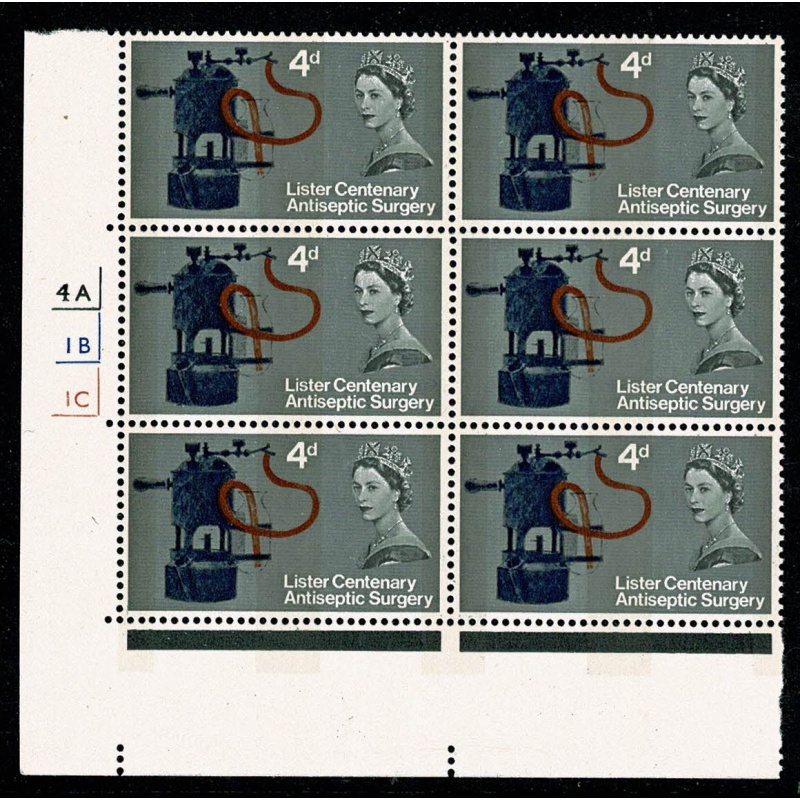 1965 Lister Centenary 4d (phos). Cylinder 1A 1B 1C no dot block of six. SG 667p