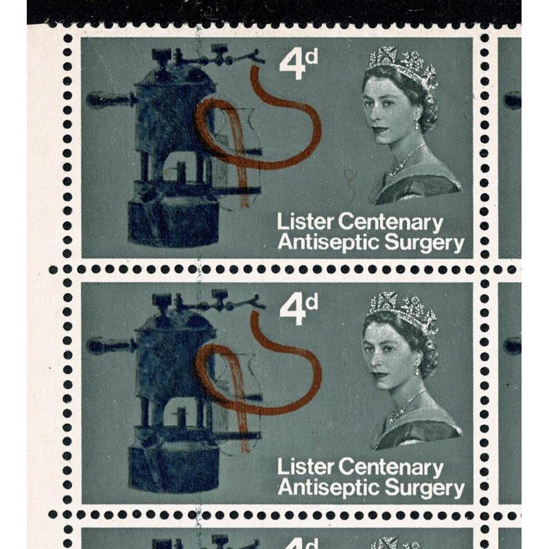 1965 Lister 4d (ord). Cylinder $A 1B 1C no dot block of eight. Contains two listed varieties SG Spec. W63c & W63d