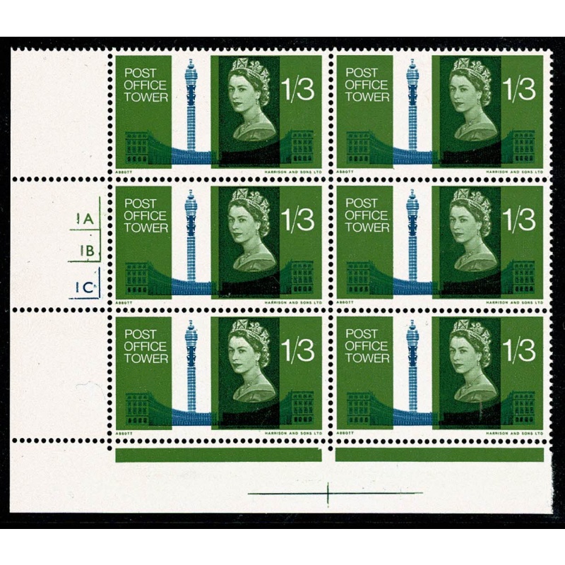 1965 Post Office Tower 1/3 (ord). Cylinder 1A 1B 1C no dot block of six. SG 680