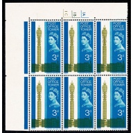 1965 Post Office Tower 3d (ord). Cylinder 1A 1B 1C no dot block of six. SG 679