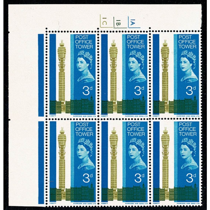1965 Post Office Tower 3d (ord). Cylinder 1A 1B 1C no dot block of six. SG 679
