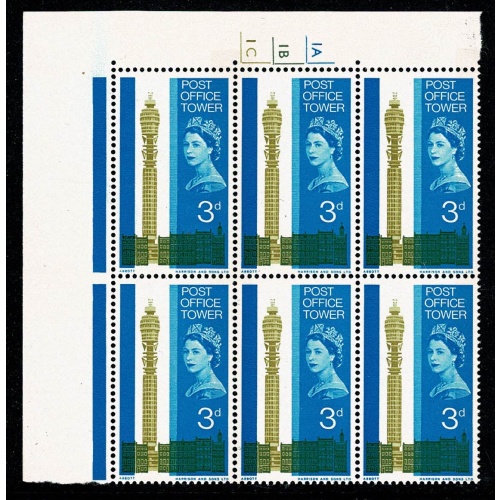1965 Post Office Tower 3d (phos). Cylinder 1A 1B 1C no dot block of six. SG 679p
