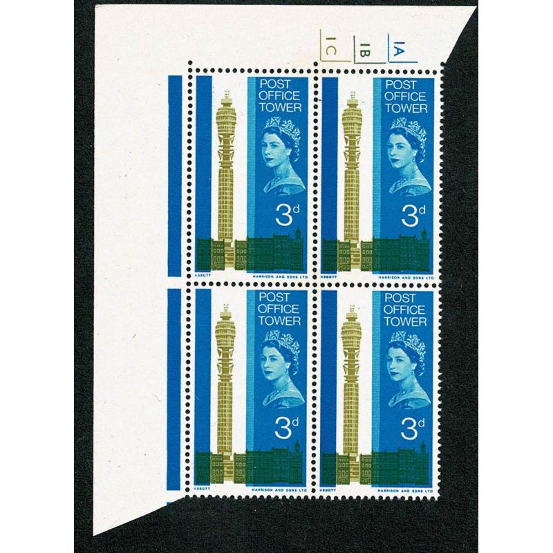 1965 Post Office Tower 3d (phos). Cyl 1A 1B 1C  no dot. Block of four