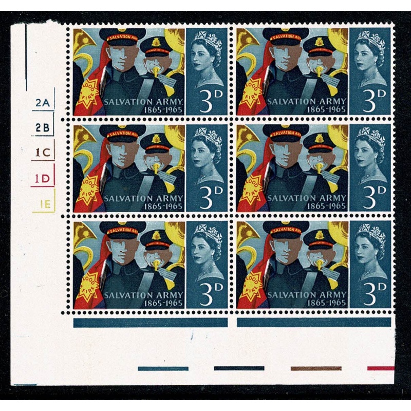 1965 Salvation Army 3d (ord). Cyl. 2A 2B  1C 1D 1E no dot block of six. SG 665