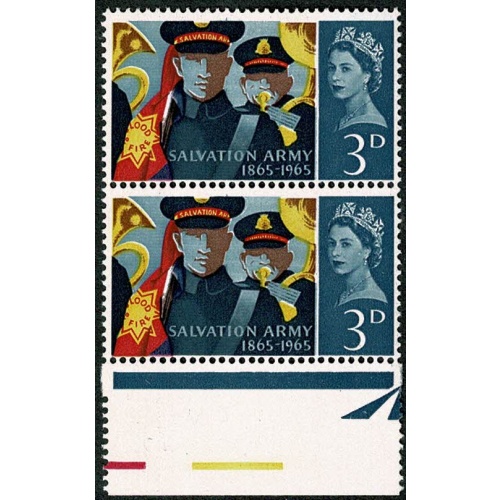 1965 Salvation Army 3d (ord). Listed variety "retouch to V". with additional shift of blue. SG Spec. W61b