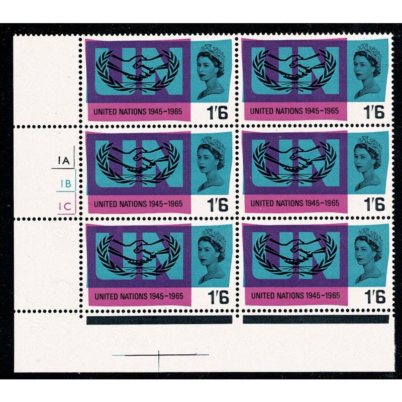1965 United Nations 1/6 (ord). Cylinder 1A 1B 1C no dot block of six. SG 682
