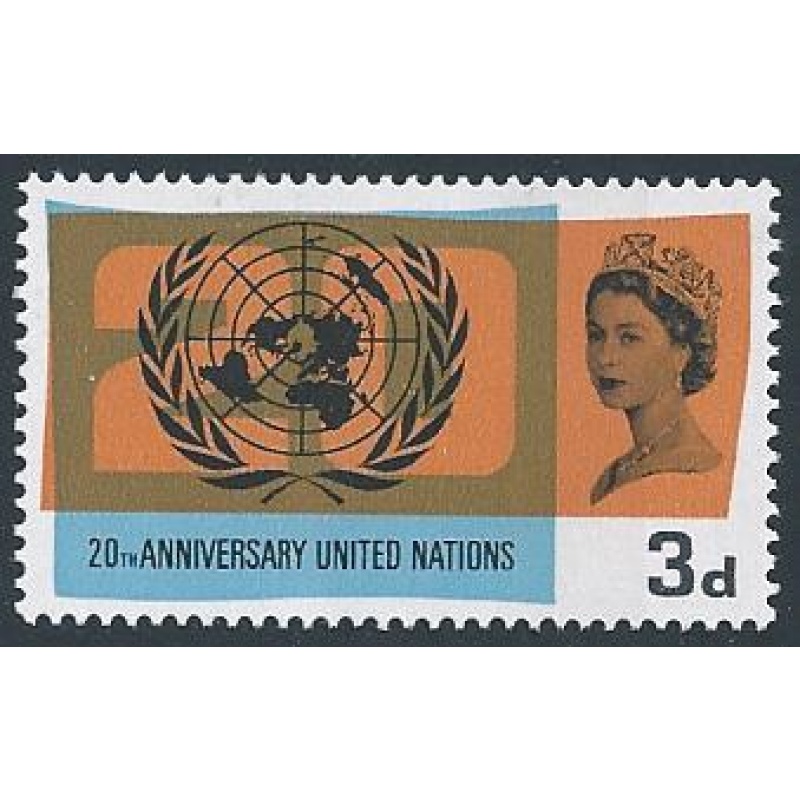 1965 UN 3d (phos). Band shift to right. SG 682p var.