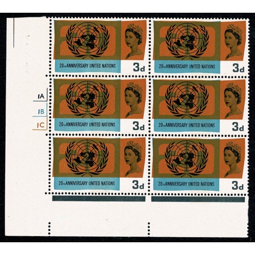 1965 United Nations 3d (phos). Cylinder 1A 1B 1C no dot block of six. SG 681p