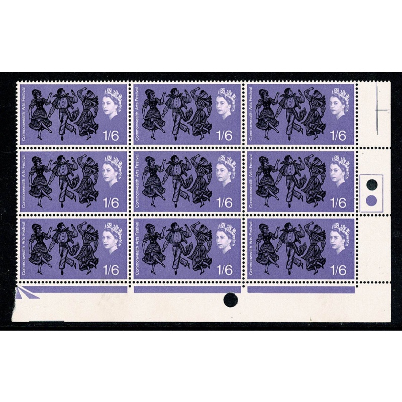 1965 Commonwealth Arts Festival 1/6 (ord). Listed variety in Traffic Light block of nine. SG 670