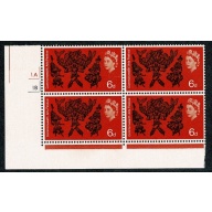 1965 Arts 6d (ord). Cyl. 1A 1B no dot block of four. SG 669