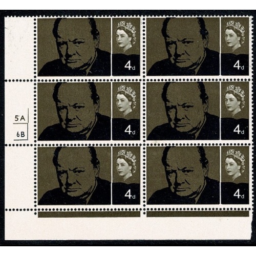 1965 Churchill 4d (ord) TIMSON. Cyl. 5A 6B no dot block of six. SG 661a