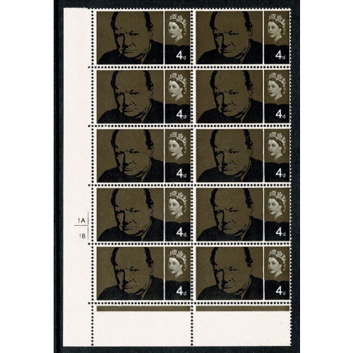 1965 Churchill 4d (ord). Cyl. 1A 1B no dot block of ten. SG 661