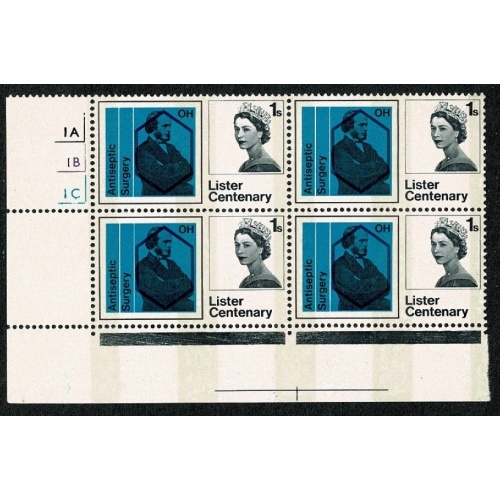 1965 Lister Centenary 1/- (phos). Cylinder 1A 1B 1C no dot block of four. SG 668p