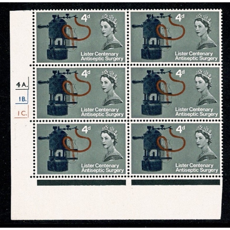 1965 Lister Centenary 4d (ord). Cyl. 4A 1B 1C dot block of six. SG 667