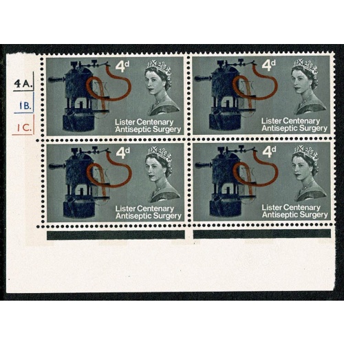 1965 Lister 4d. (phos) Cyl. 4A 1B 1C dot block of four.